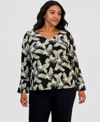 Plus Size Printed V-Neck Flounce Sleeve Jacquard Top, Macy's Exclusive
