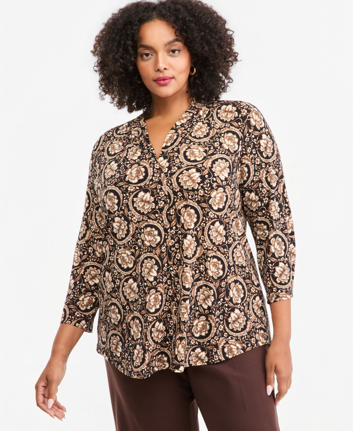 Женский топ JM Collection Plus Size V-Neck 3/4-Sleeve, цвет: Глубокий чёрный — фото 1