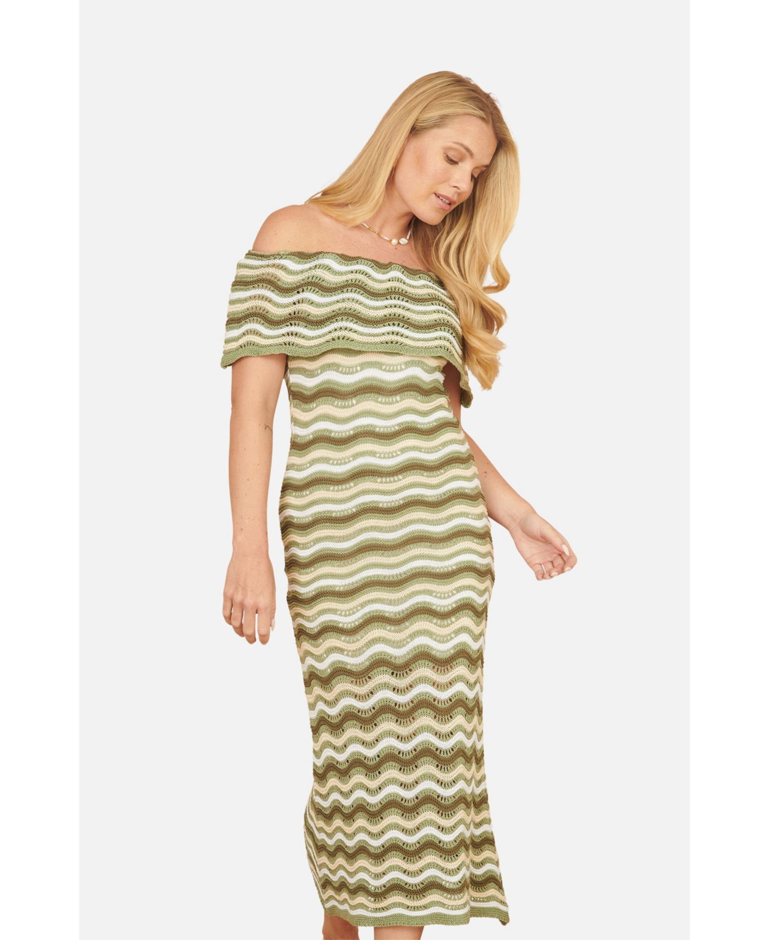 Women's Stripe Crochet Knit Bardot Midi Dress