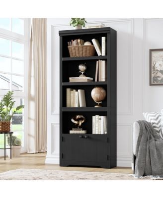 5 Tier Farmhouse Bookshelf 69 Inch Tall with 2 Doors and Adjustable Shelves Anti-Slip Storage Rack for Home Office Living Room Library