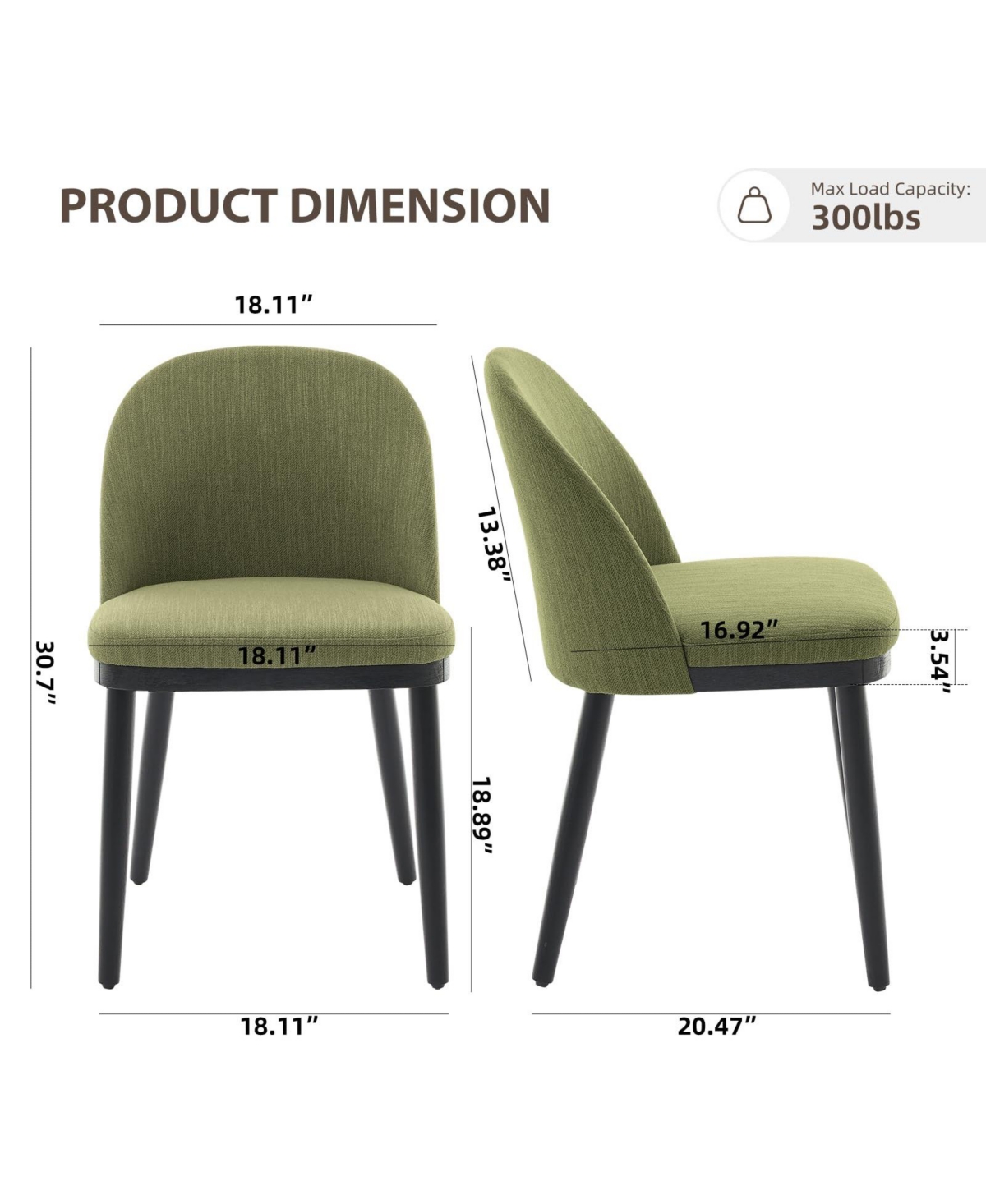 homfan Set of 6 Upholstered Dining Chairs - Modern Green Linen Side Chairs - Thick Cushions, Curved Backrest - Sturdy Wood Legs