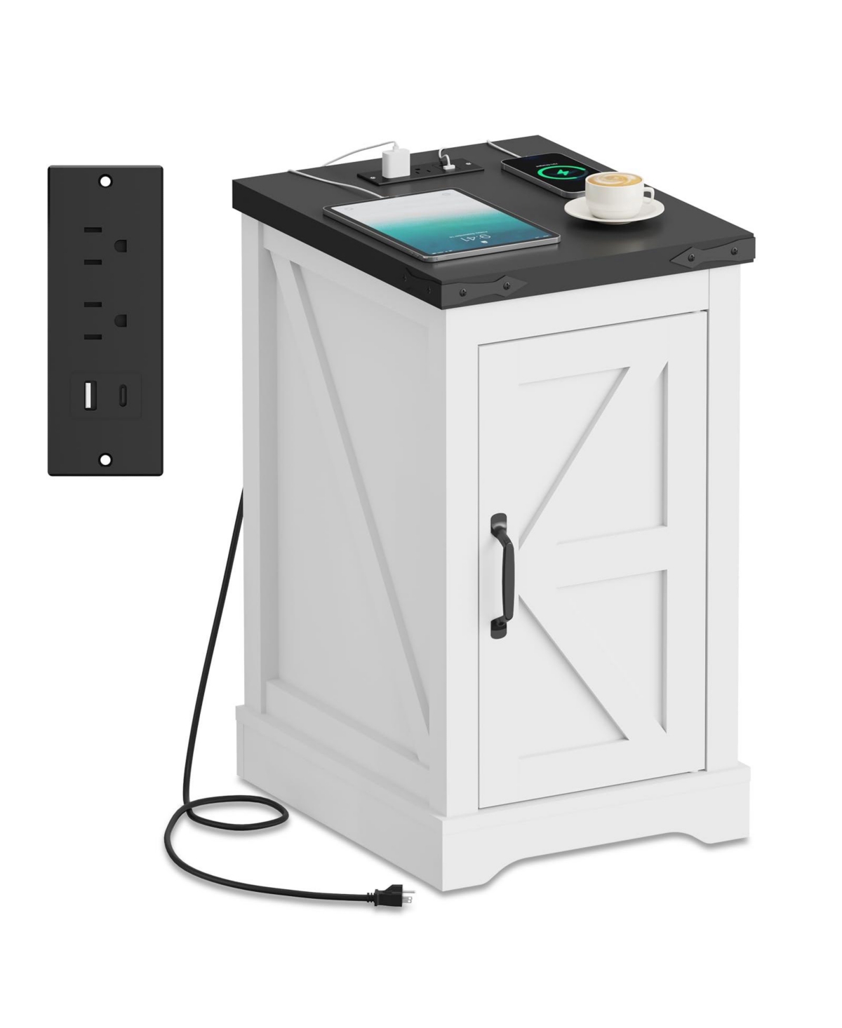 homfan End Table with Charging Station, Side Table with Door, Adjustable Shelf and Hidden Cord Management for Bedroom or Living Room