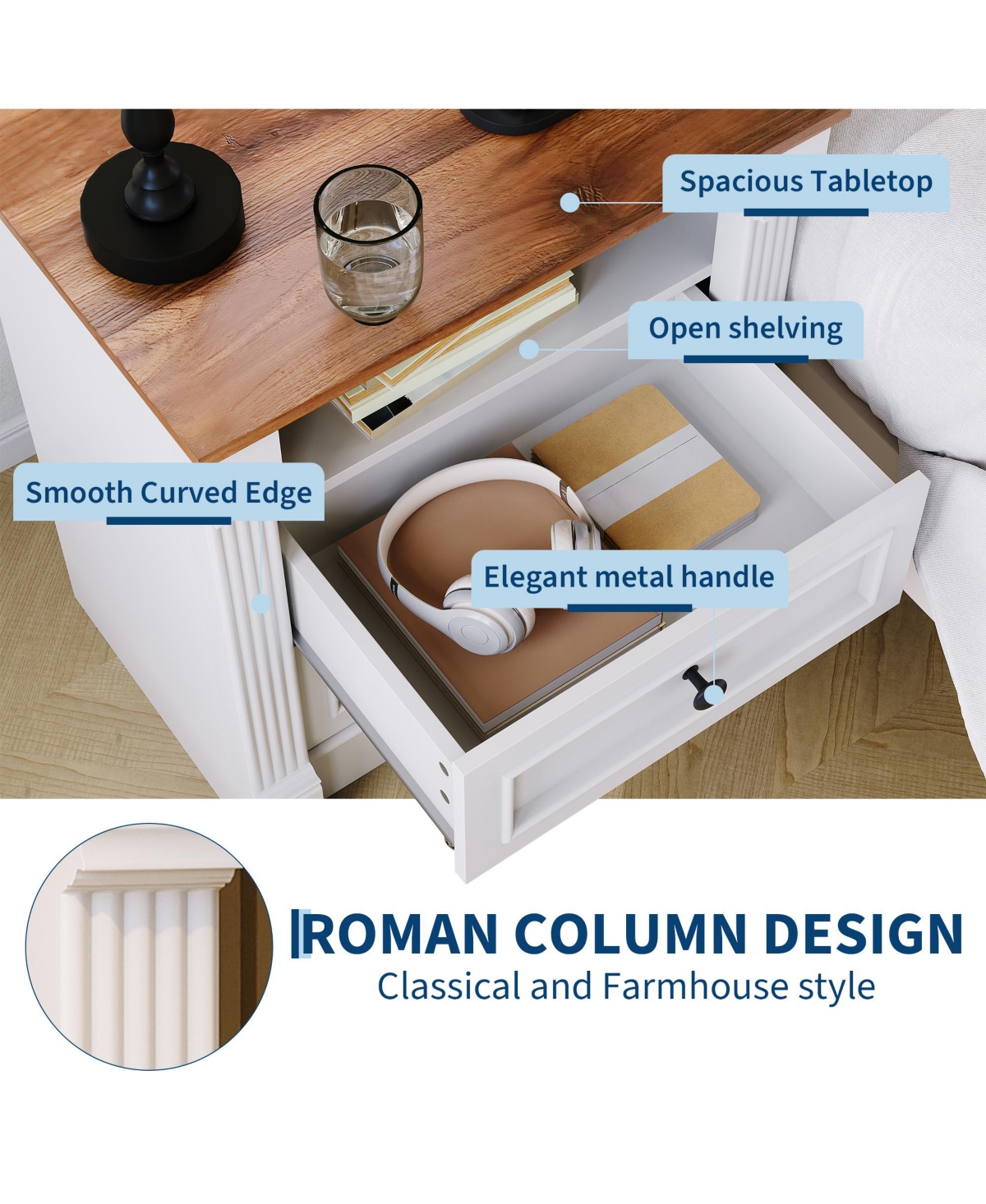 homfan Farmhouse Nightstand with Charging Station, 2-Drawer End Table Roman Column Legs