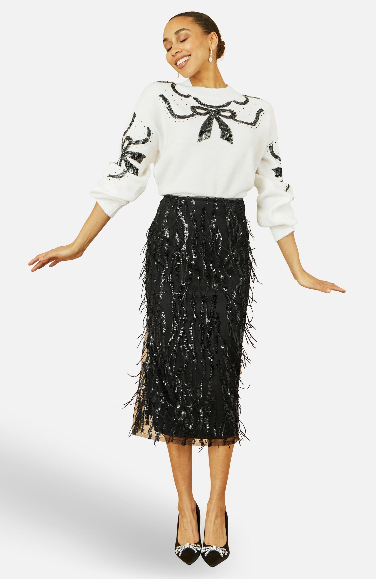 Women's Hanging Sequin Fitted Midi Skirt