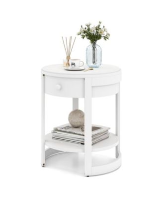 2-Tier Nightstand with Shelf and Wood Grains Drawer Round End Table for Living Room