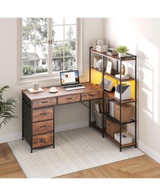L-Shaped Gaming Desk with 6 Drawers - Corner PC Table with Open Shelves, Power Outlets and LED Lights