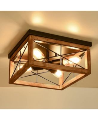 Wooden Flush Mount Ceiling Lights, 4-Light Farmhouse Close to Ceiling Lighting Fixtures Ceiling Lamp for Kitchen Island Living Room Bedroom