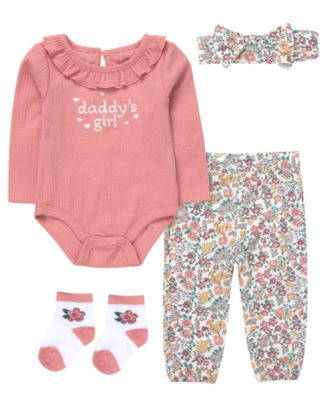 Baby Girls' Long-Sleeve Bodysuit, Jogger Pant, Socks and Headband, 4-Piece Set