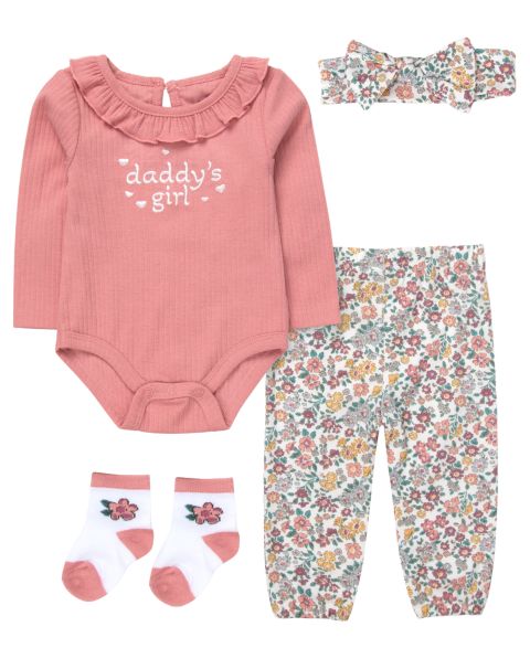 Комплекты Baby Essentials Long-Sleeve Bodysuit, Jogger Pant, Socks and Headband, 4-Piece Set для девочек-малышей, цвет: Розовый / Белый