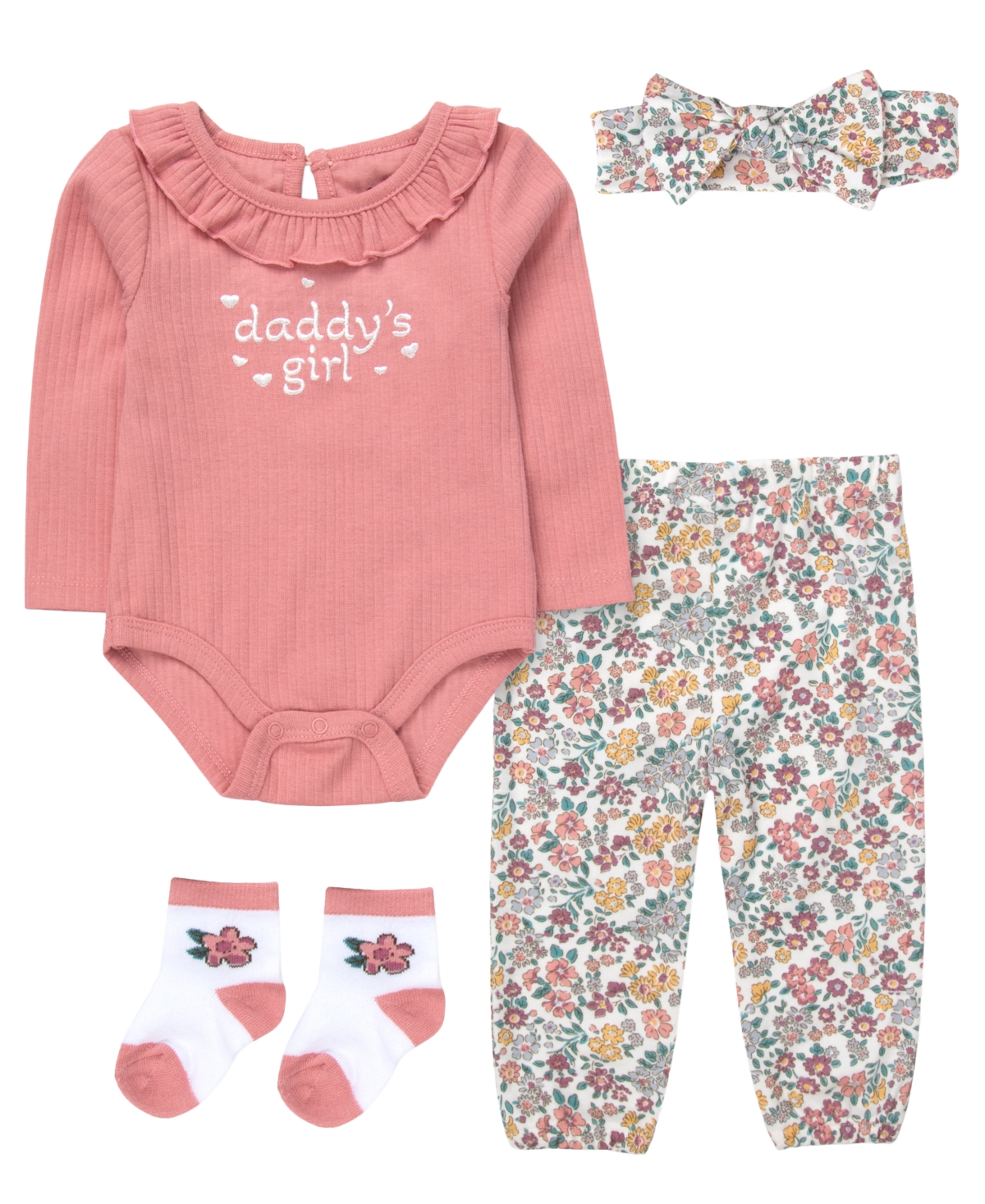Baby Essentials Girls' Long-Sleeve Bodysuit, Jogger Pant, Socks and Headband, 4-Piece Set