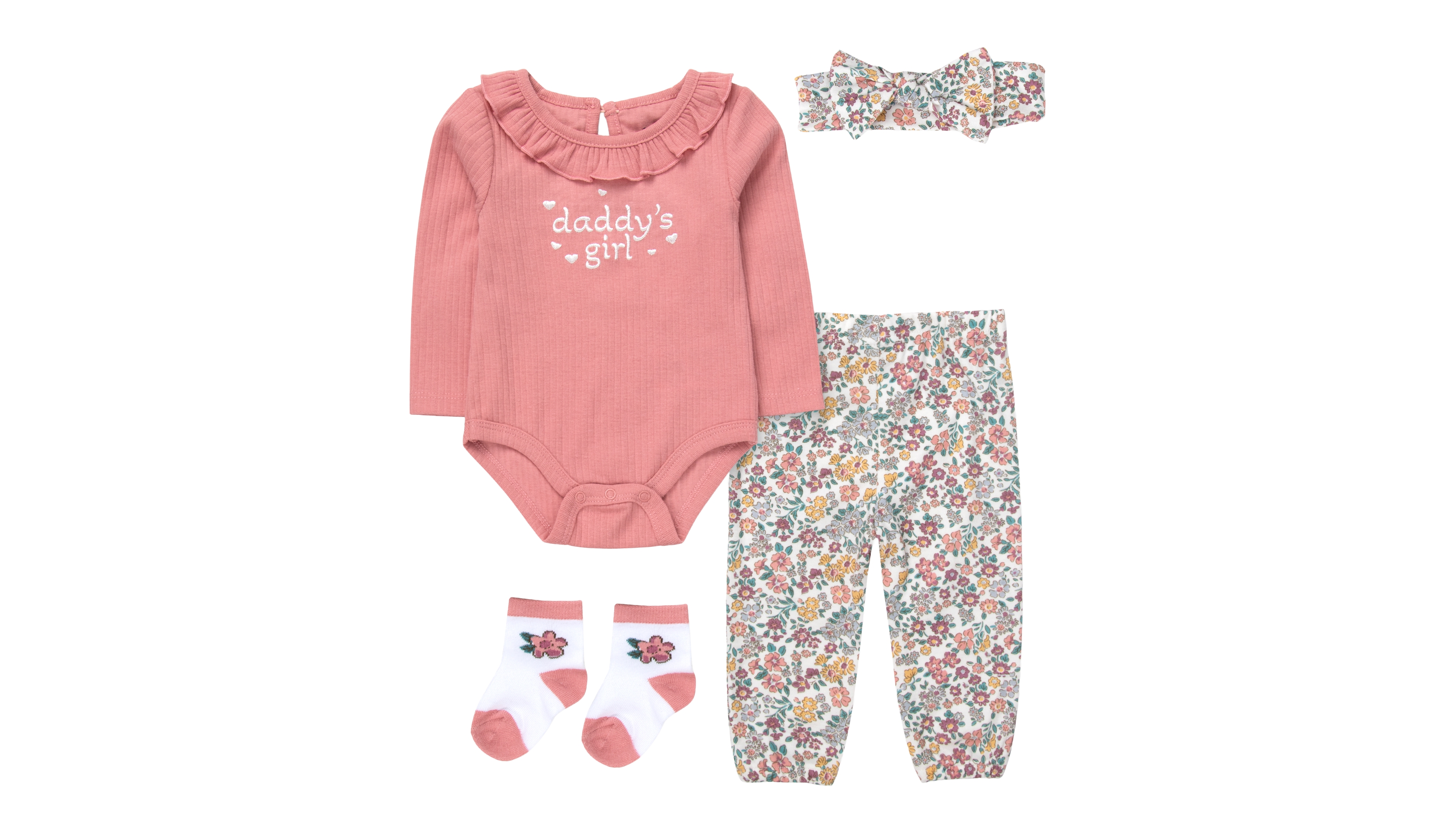 Baby Essentials Girls' Long-Sleeve Bodysuit, Jogger Pant, Socks and Headband, 4-Piece Set