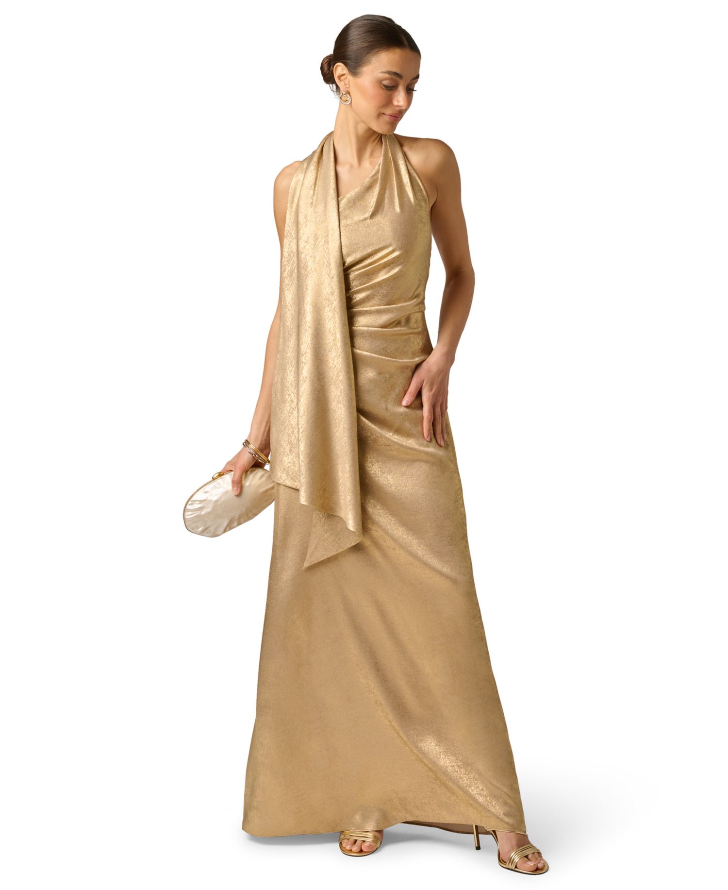 Women's Foiled Draped Neck Scarf Pleated Ball Gown