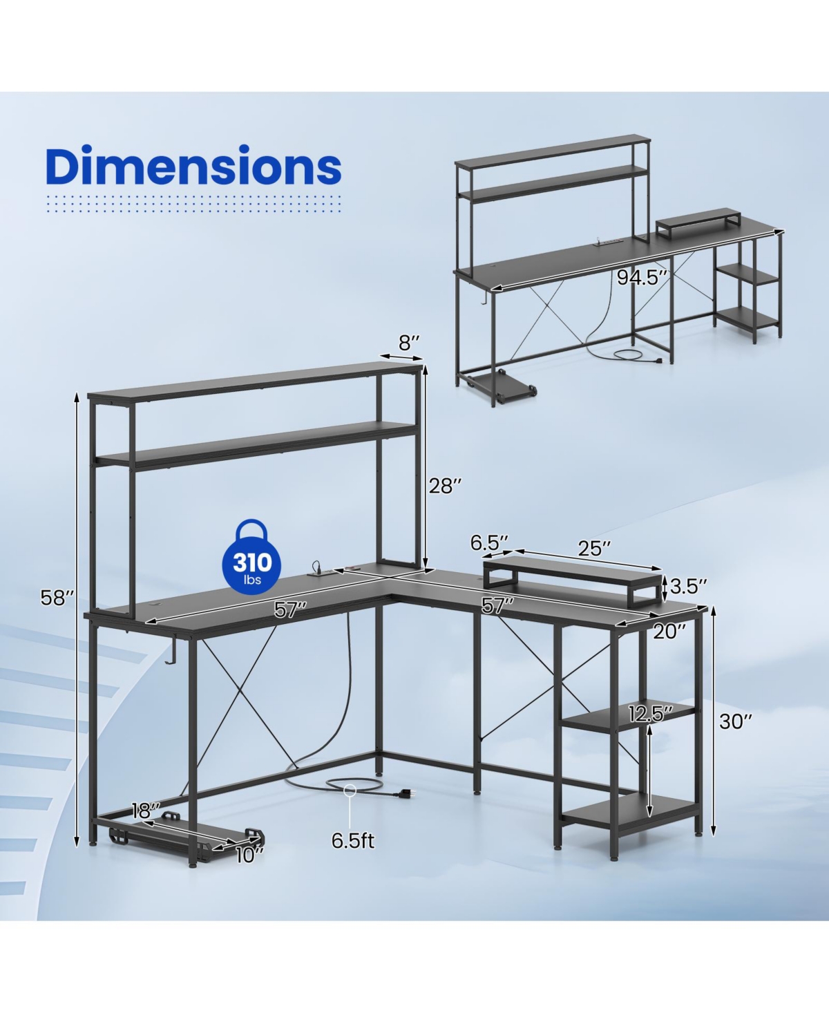 Slickblue L Shaped Gaming Desk with Hutch Monitor Stand and Led Strip