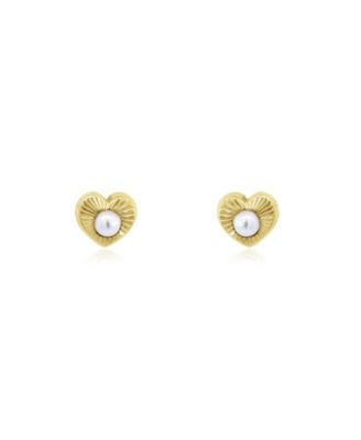 Fluted Pearl Heart Screw Back Stud Earrings 14K Yellow Gold