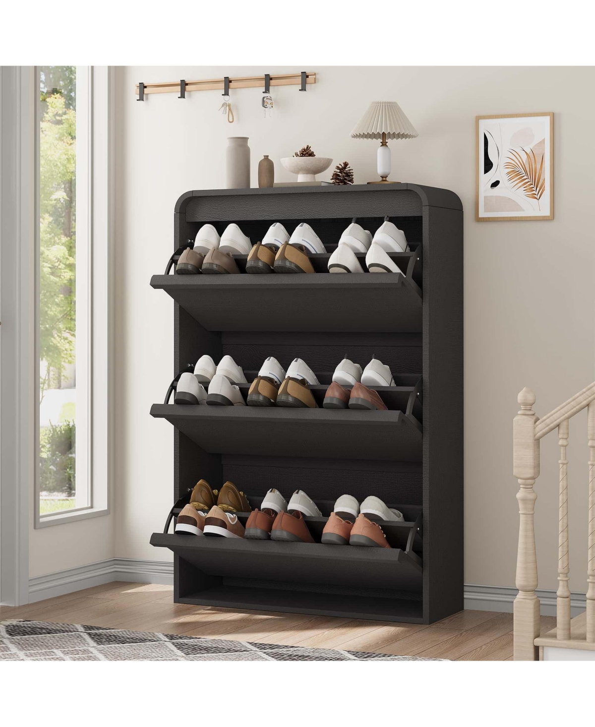 homfan Wooden Hidden Shoe Cabinet with 3 Flip Drawers and Adjustable Shelf, Entryway Storage Organizer for Hallway Living Room