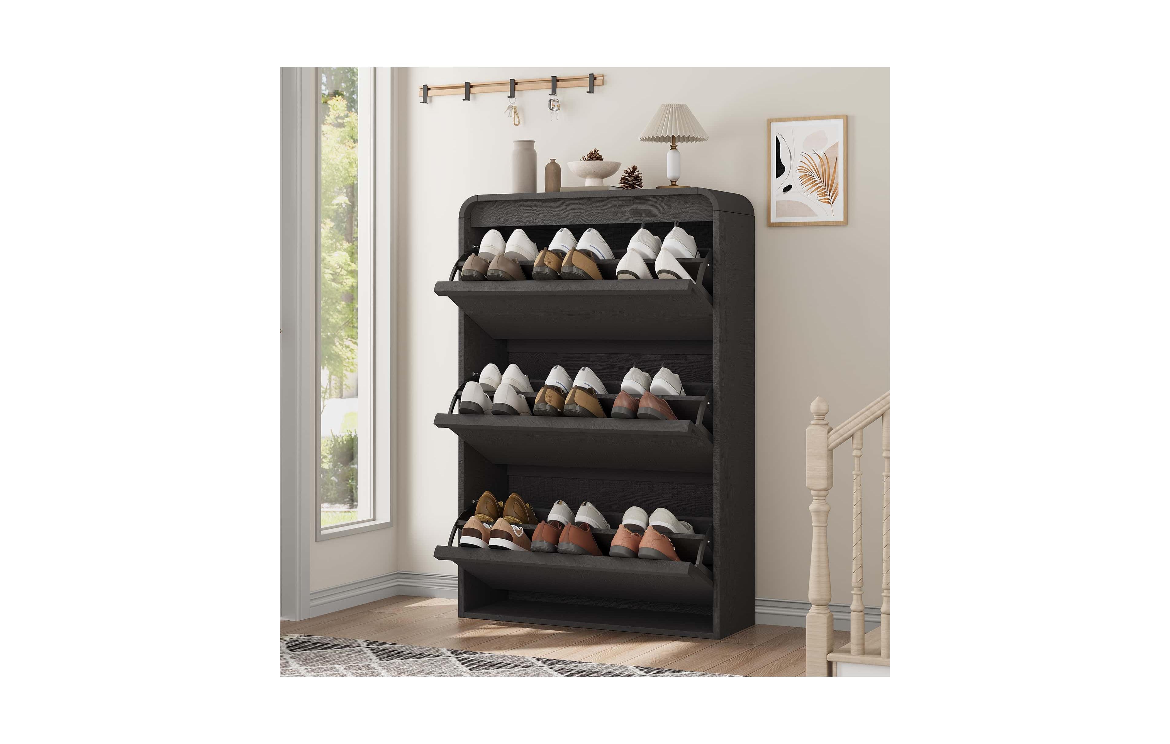 homfan Wooden Hidden Shoe Cabinet with 3 Flip Drawers and Adjustable Shelf, Entryway Storage Organizer for Hallway Living Room