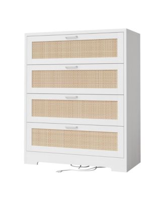 Tall 4-Drawer Rattan Dresser with Wood Top, Modern Storage Chest with Handles for Bedroom, Living Room, Entryway, Hallway