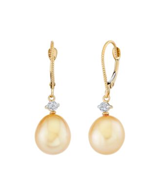 Cultured Golden South Sea Pearl (9mm) & Diamond (1/6 ct. t.w.) Drop Earrings in 14k Yellow Gold