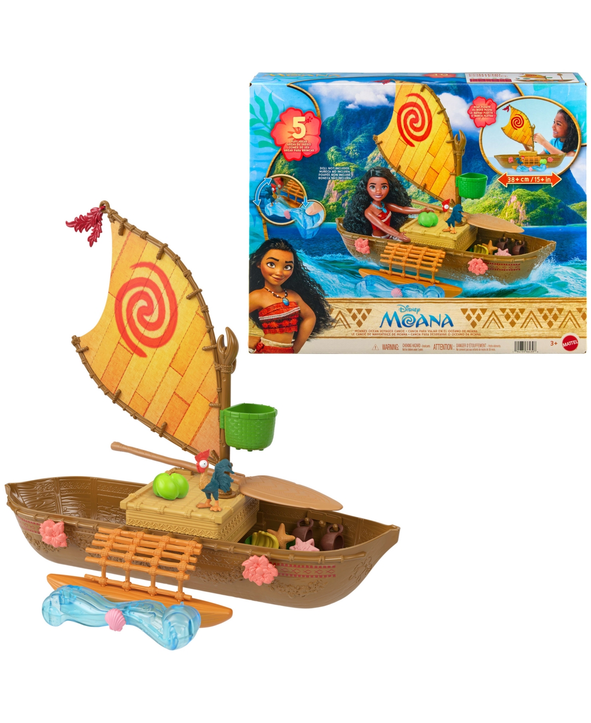 Disney Princess Moana Ocean Voyager Canoe Playset, 38 cm Floating Boat, Fashion Doll Playset, Ages 3+