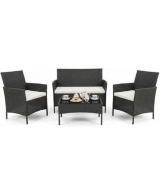 Patio Rattan Set with Glass Table Wicker and  Cushions