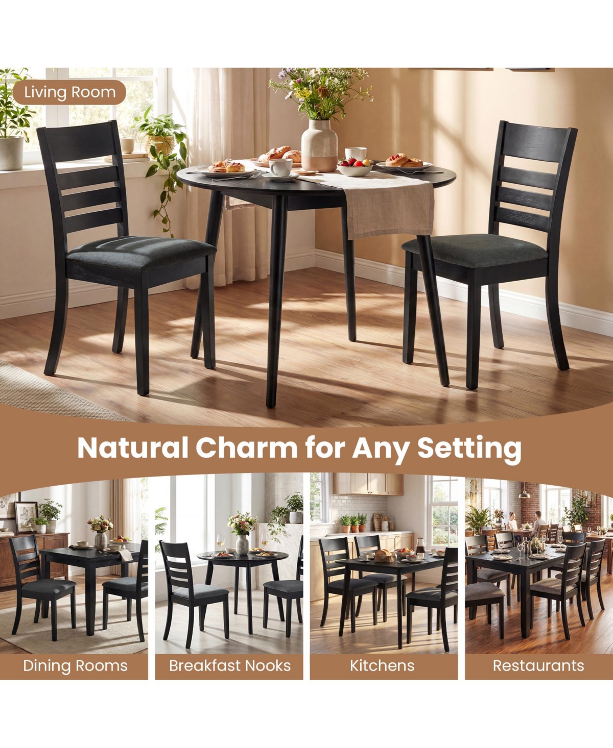Costway Wooden Dining Chairs with Rubber Wood Frame, Curved Slatted Backrest Dark