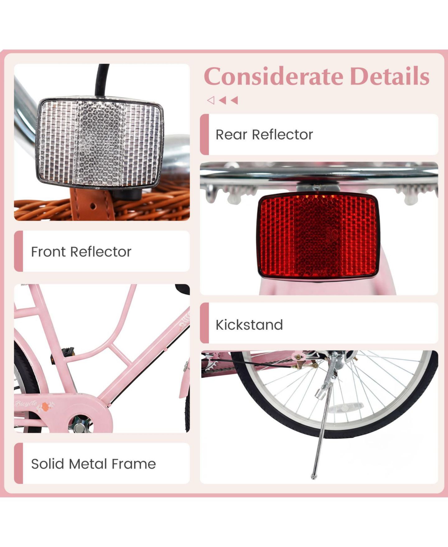 Детская игрушка Gymax Beach Cruiser 24" Commuter Bike with Adjustable Seat, Woven Basket & Rear Rack, 220 lbs. Capacity, Ages 8+, цвет: Розовый — фото 10