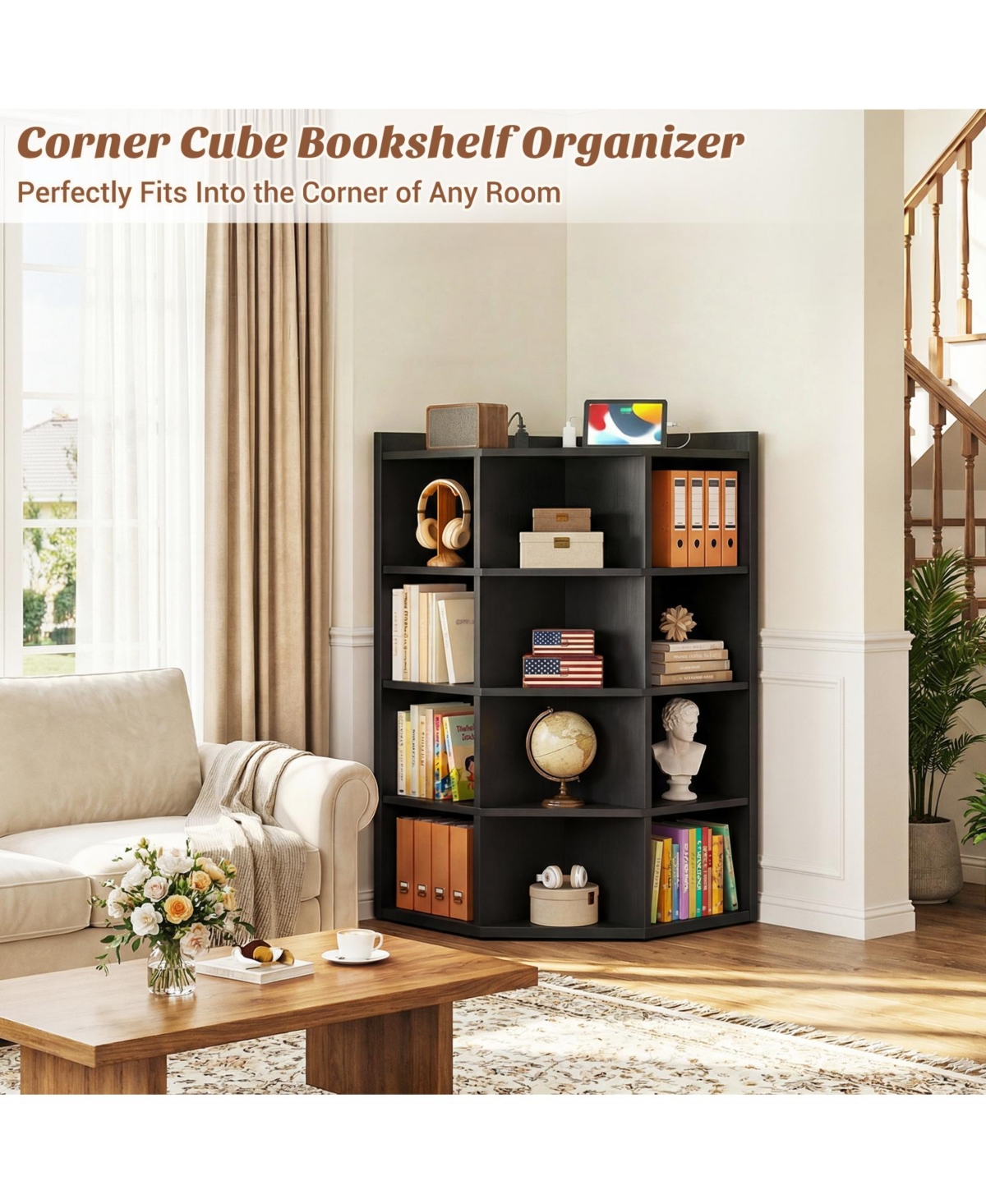 Aheaplus Corner Bookcase Cabinet with 18 Cubbies, Bookshelf Open Storage