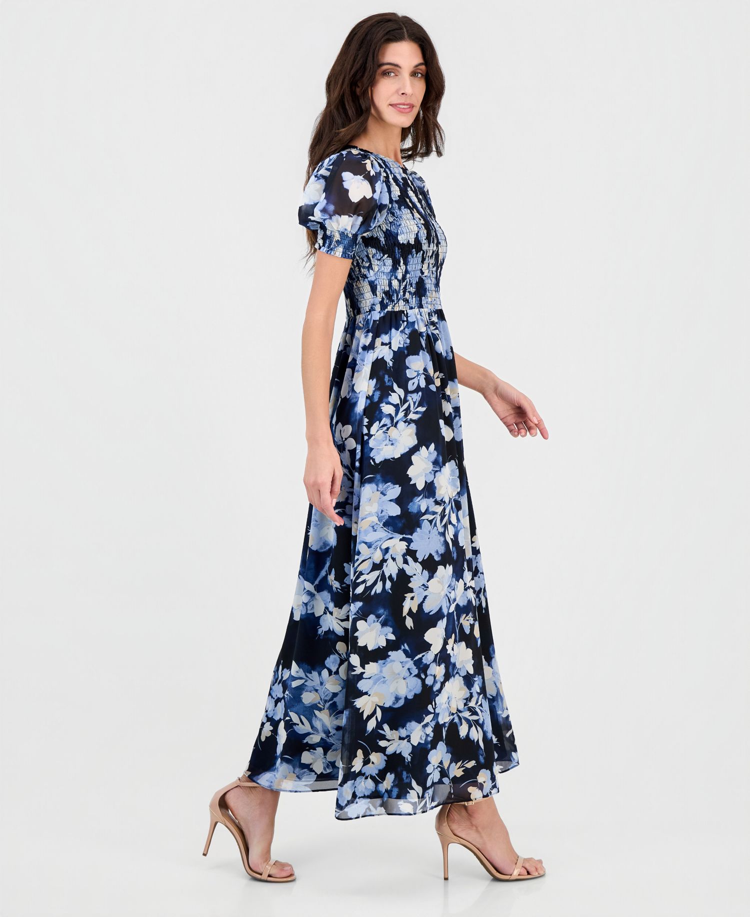 Women's Printed Puff-Sleeve Smocked Maxi Dress