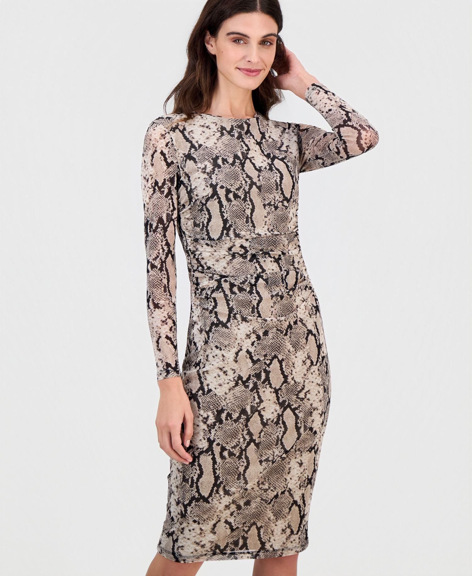 nne Klein Petite Snake-Print Shirred-Waist Long-Sleeve Midi Dress