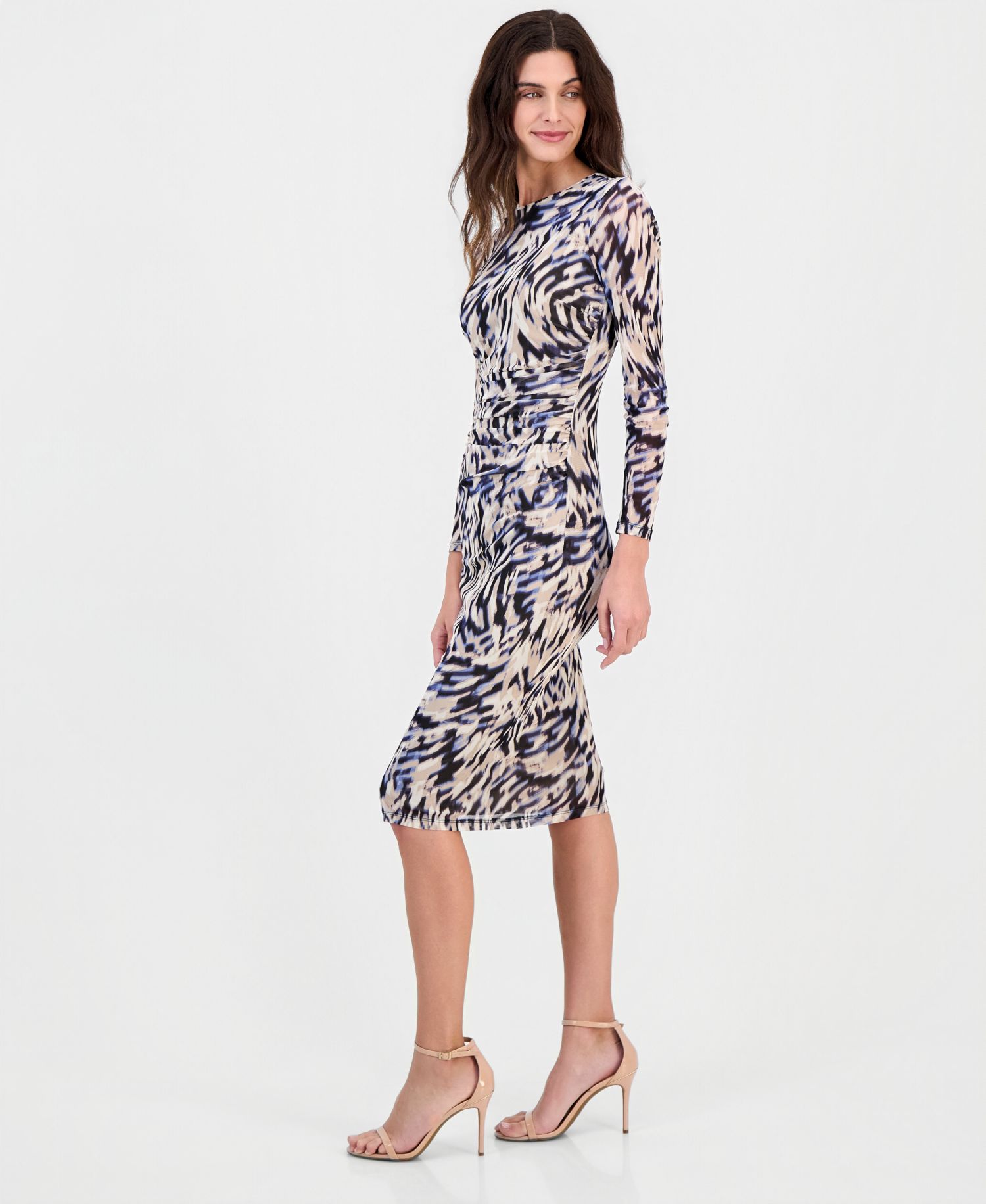 Women's Printed Shirred-Waist Long-Sleeve Midi Dress
