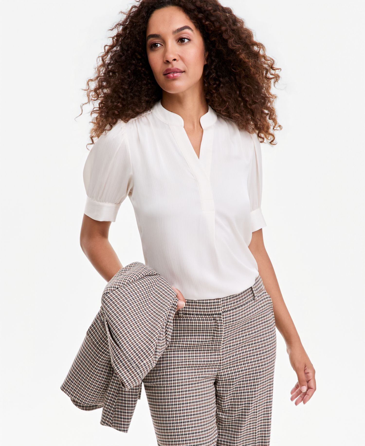 Petite Short Puff-Sleeve Y-Neck Blouse