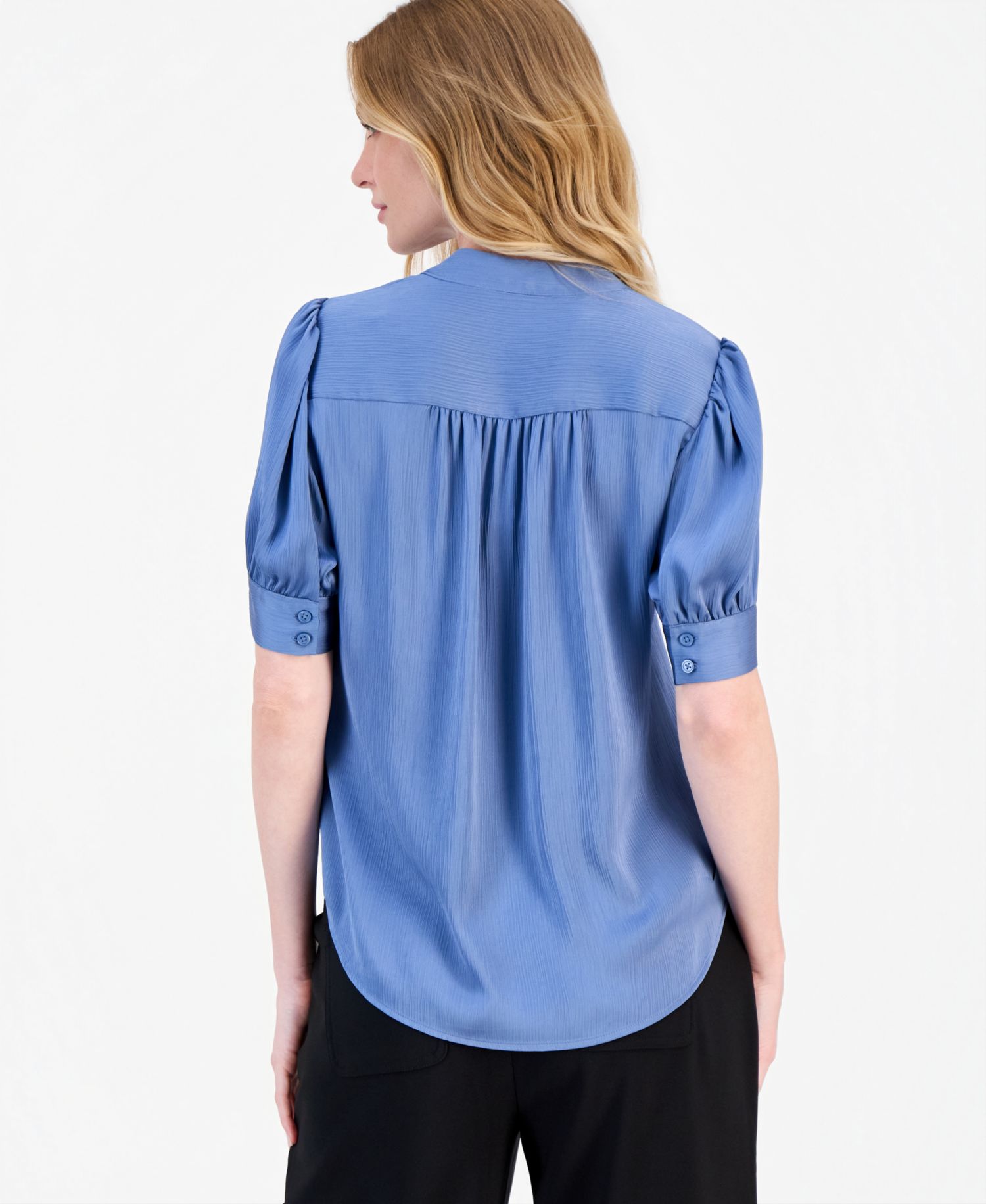 Petite Short Puff-Sleeve Y-Neck Blouse