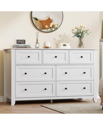 Modern 7-Drawer Wide Dresser Chest with Metal Knobs and Deep Drawers, Bedroom Storage Organizer for Entryway or Hallway