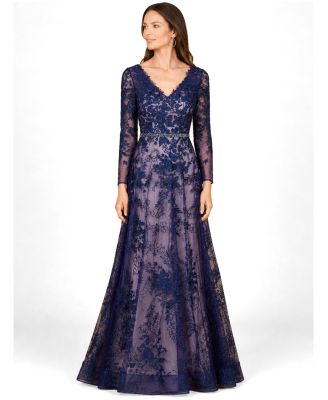 Women's Long Sleeve V-Neck Lace Gown with Beaded Belt