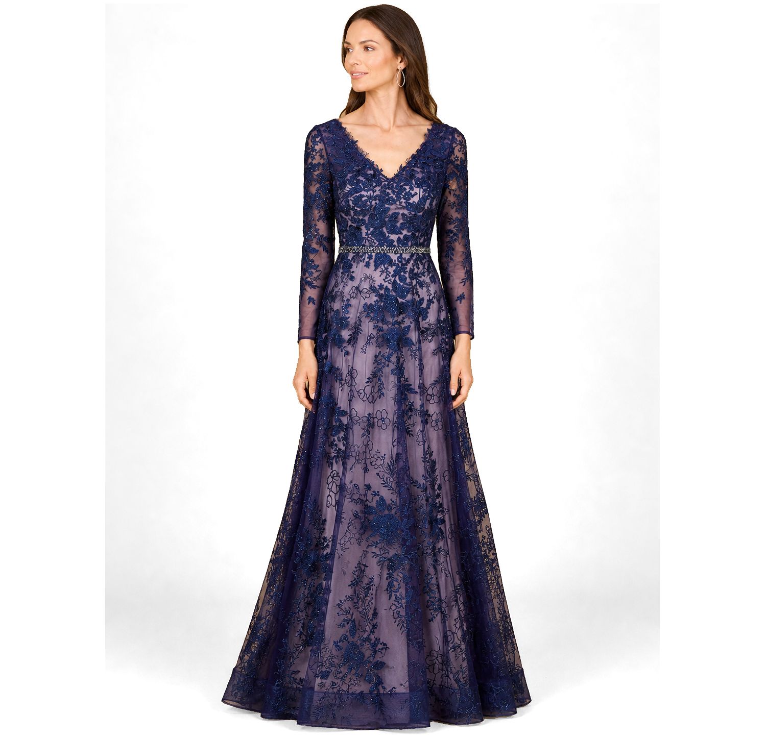 Women's Long Sleeve V-Neck Lace Gown with Beaded Belt