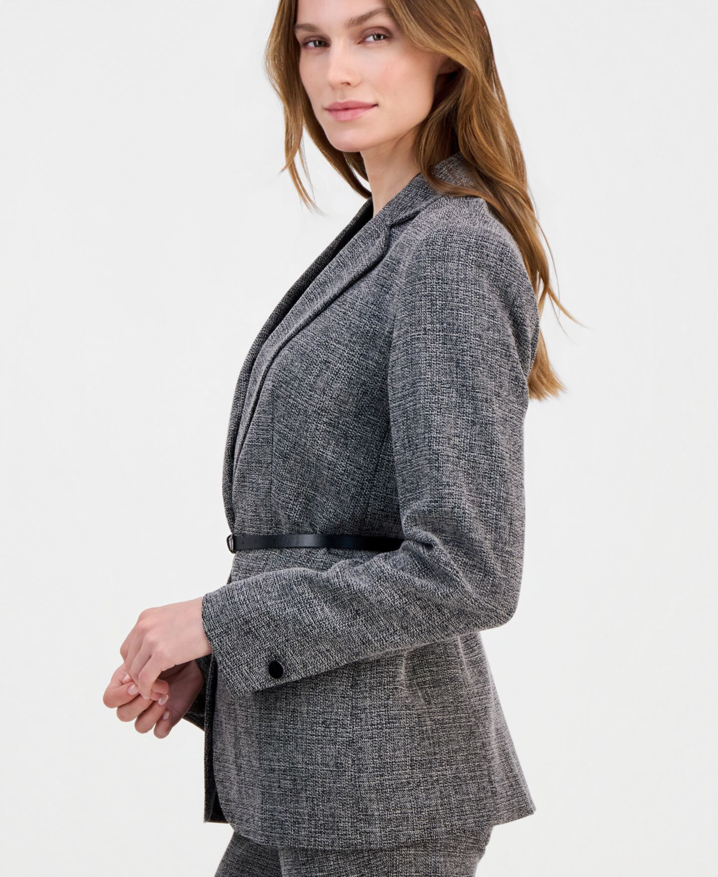 Женский пиджак Anne Klein Belted Notch-Collar Blazer, цвет: Чёрный / Белый — фото 3