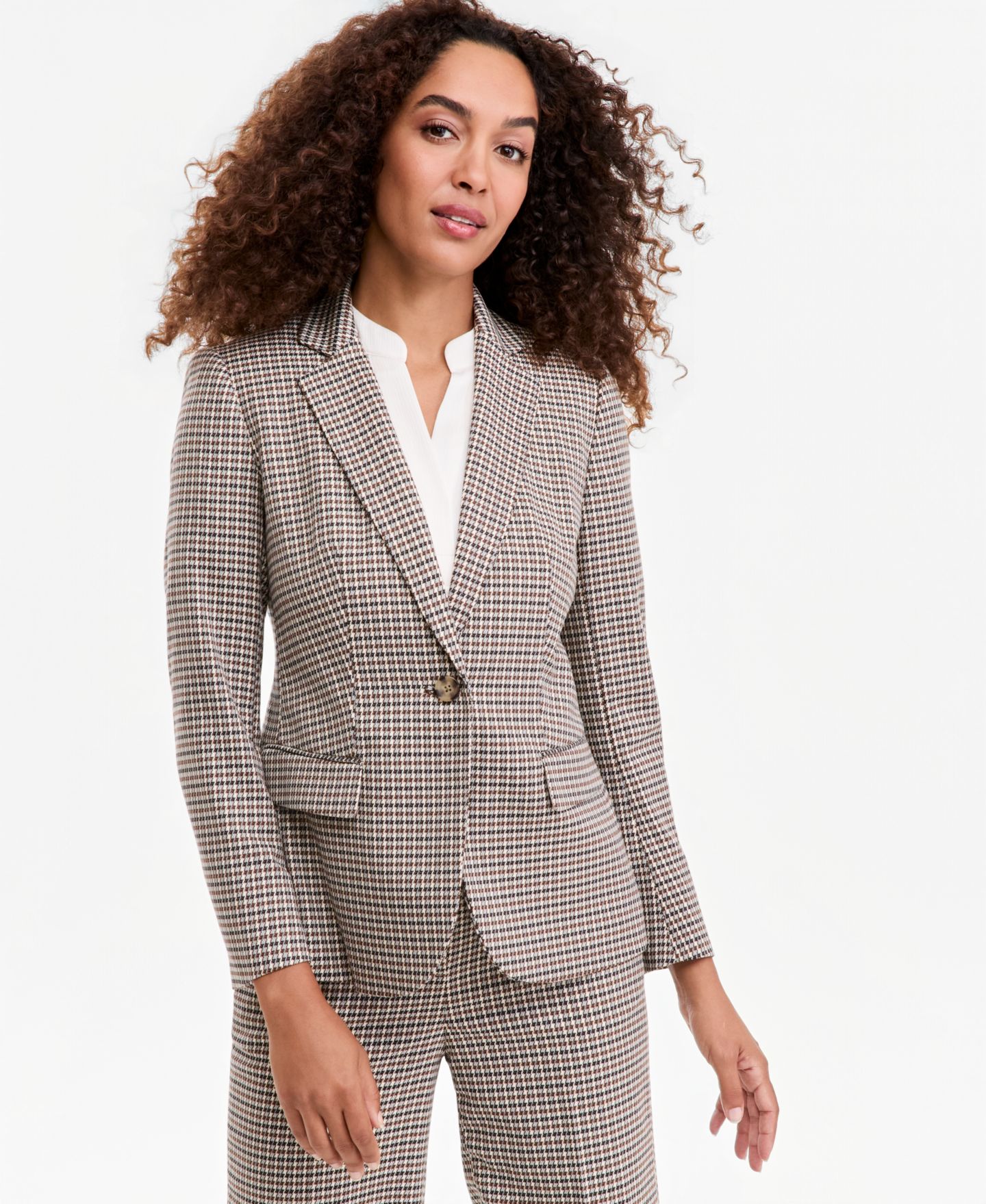 Женский пиджак Anne Klein One-Button Houndstooth Blazer, цвет: Чёрный разноцветный — фото 1