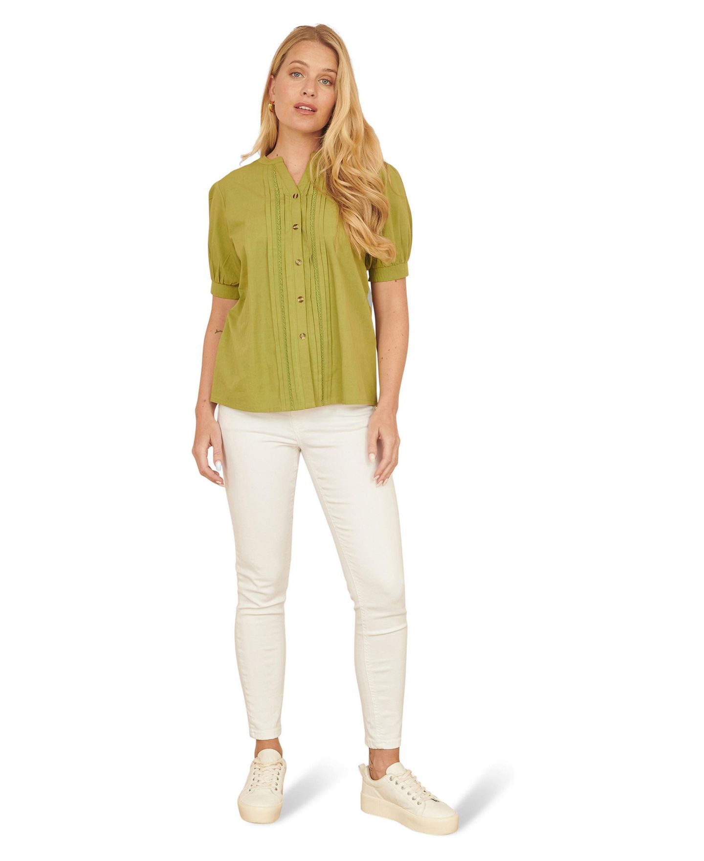 Женская рубашка Yumi Cotton Pleated Short Sleeve, цвет: Зелёный — фото 2