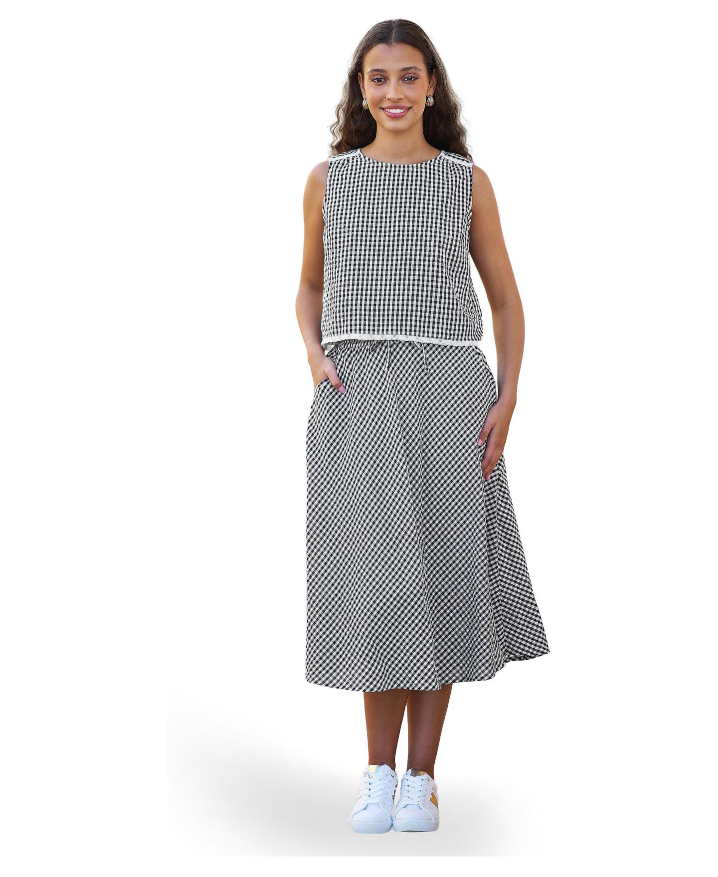 Женский топ Yumi Gingham Lace-Trim Sleeveless, цвет: Чёрный — фото 2