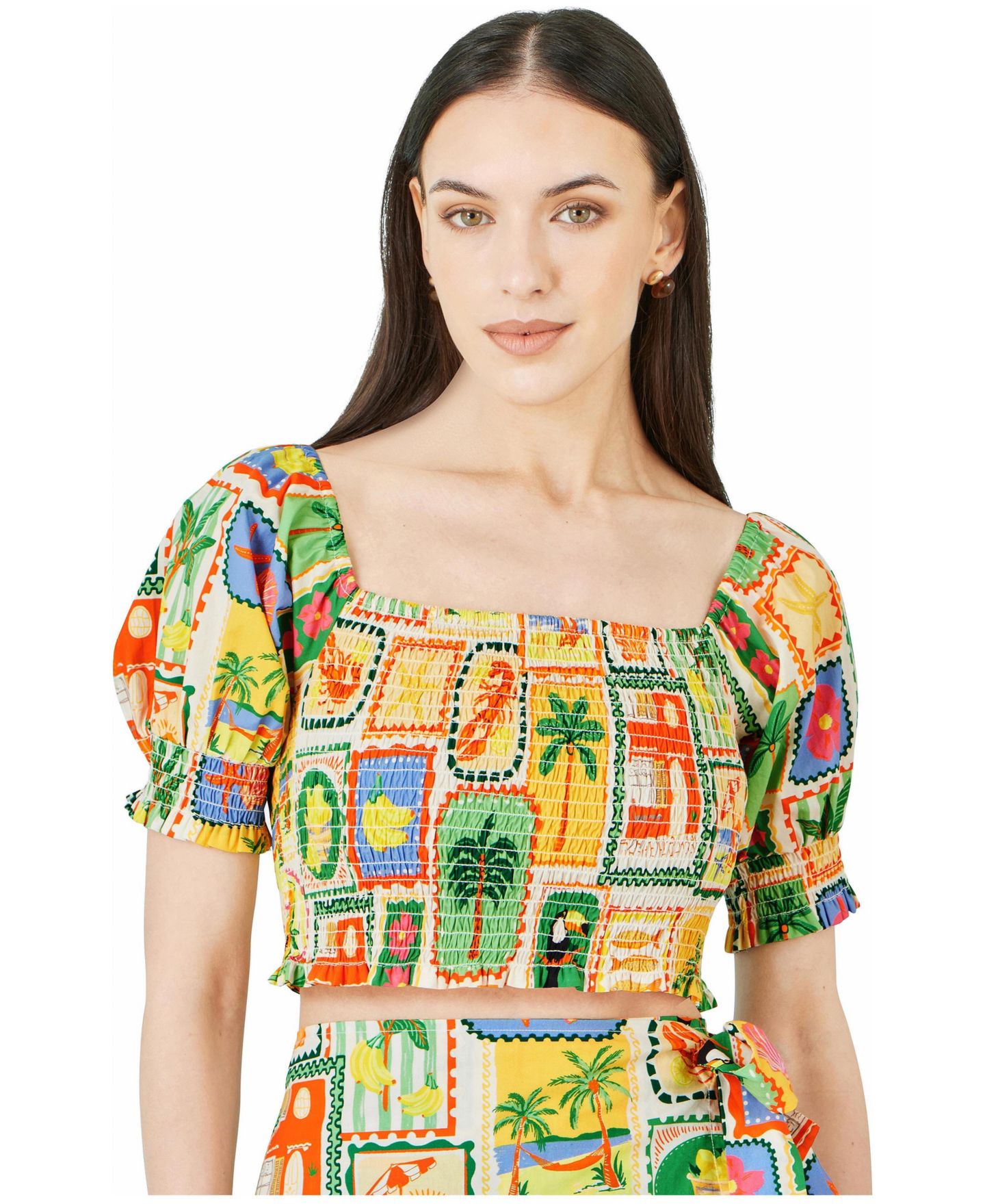 Женский топ Yumi Cropped Shirred Postcard Print, цвет: Разноцветный — фото 1