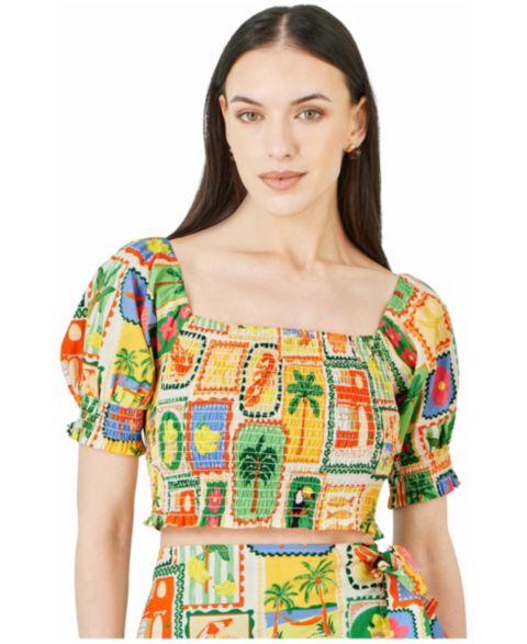 Женский топ Yumi Cropped Shirred Postcard Print, цвет: Разноцветный