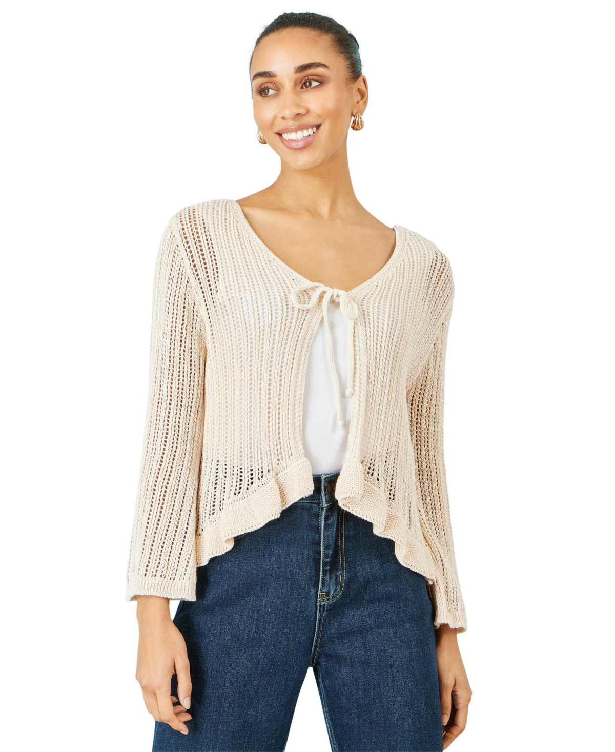 Yumi Women's Tie Front Pointelle Cardigan