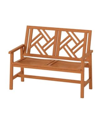 Outdoor Wood Patio Bench, 2-Person Loveseat Chair with Geometric Backrest