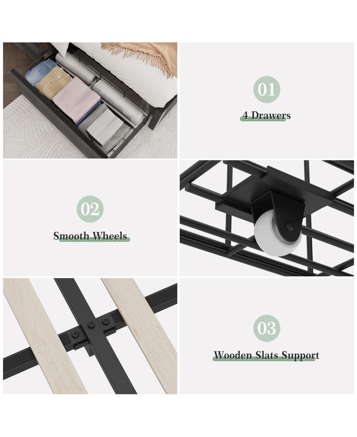 homfan Bed Frame with 4 Storage Drawers, Wingback Headboard, Charging Station, Wood Slat Support
