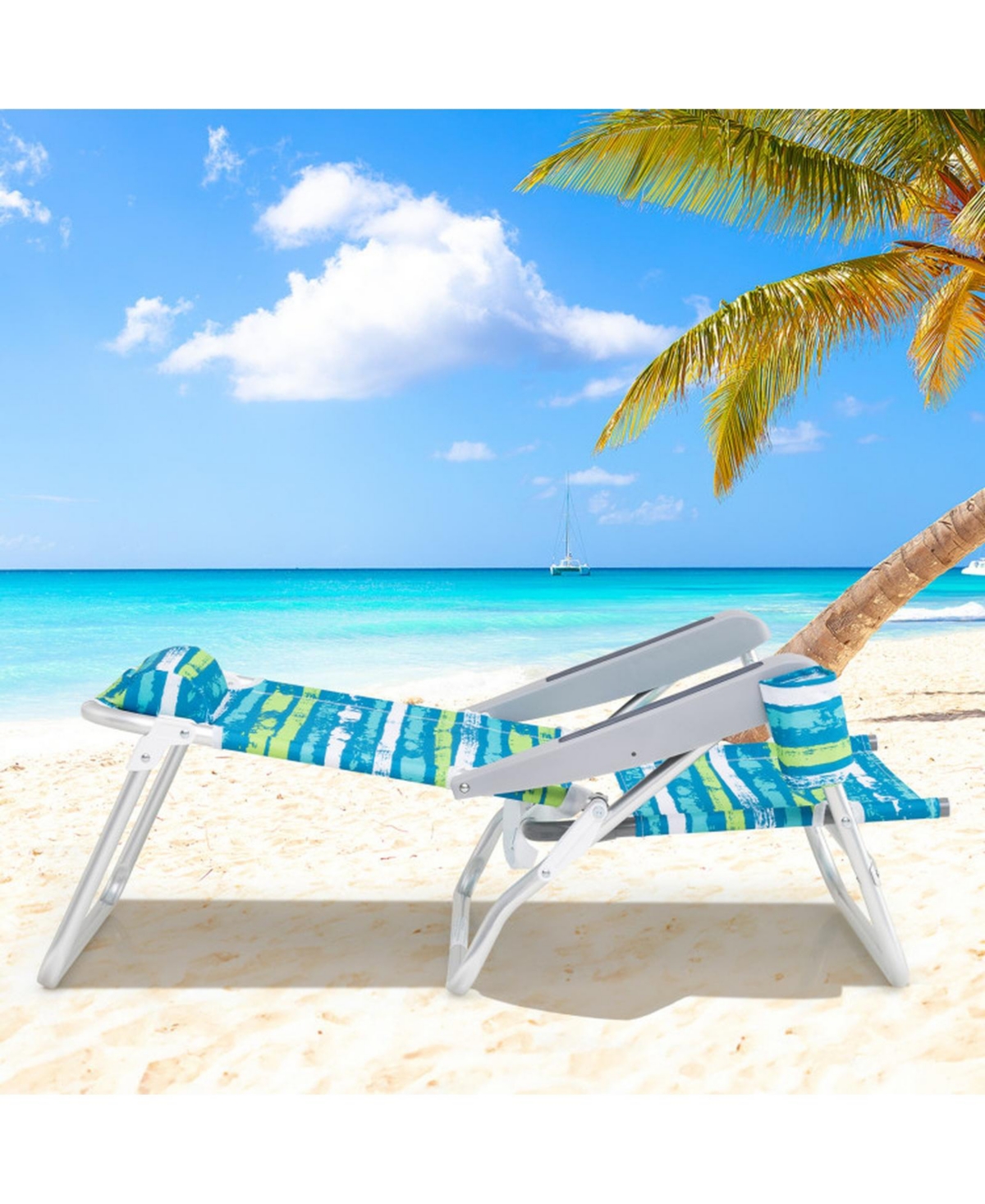 Gouun 2 Pack Folding Beach Chairs with 5-Position Lay-Flat Backrest, Headrest and Cup Holder