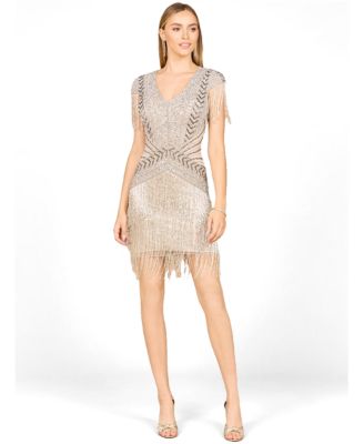 Women's Beaded Fringe Short Dress with Cap Sleeves