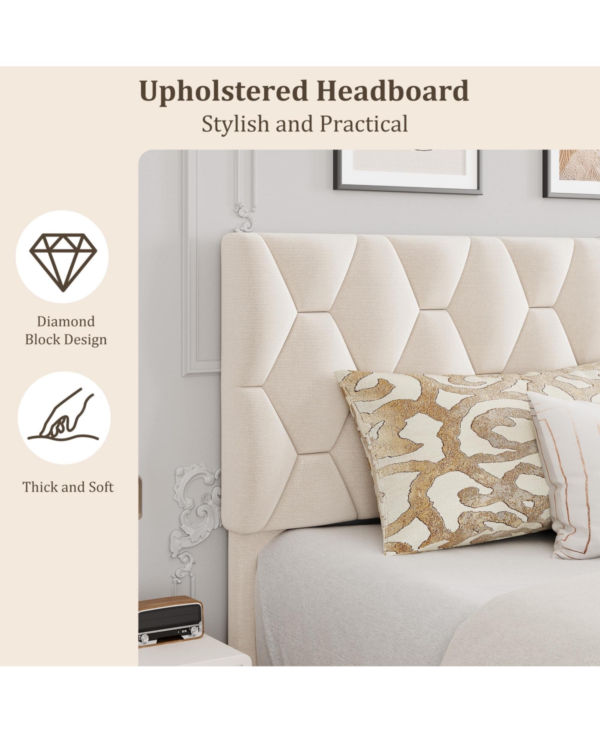 homfan Upholstered Platform Bed Frame with Adjustable Headboard, Wood Slat Support, Quiet Design