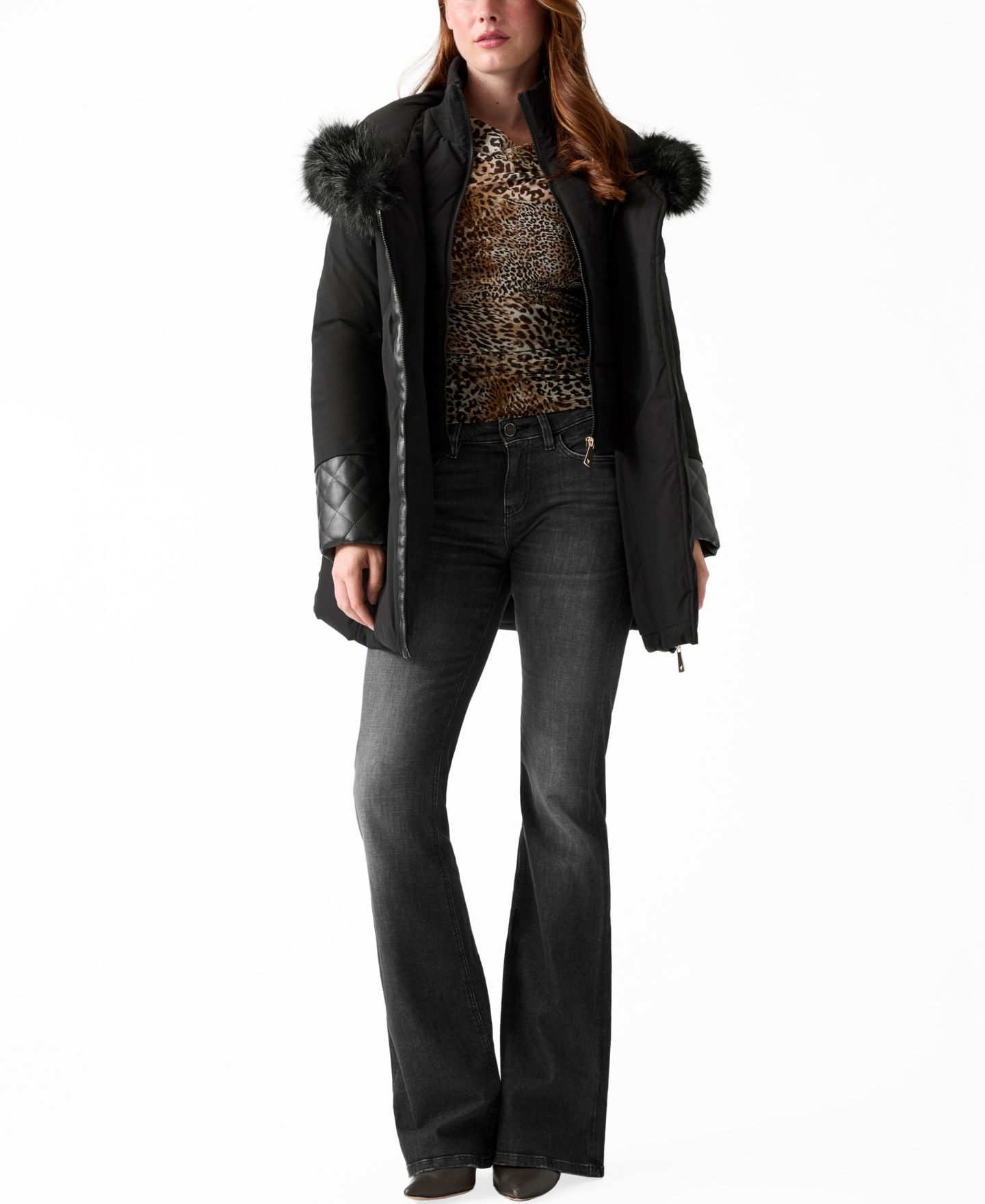 Женская куртка GUESS Pleather-Sleeve Detailed Faux-Fur Hooded Puffer, цвет: Чёрный — фото 2