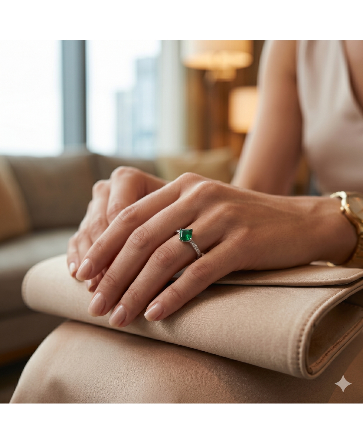 Simona Radiant Center Emerald and Clear Cz Ring