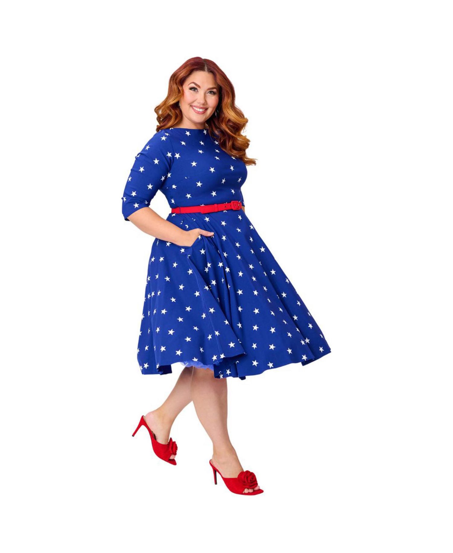 Plus Size Three Quarter Sleeve Belted Devon Swing Dress